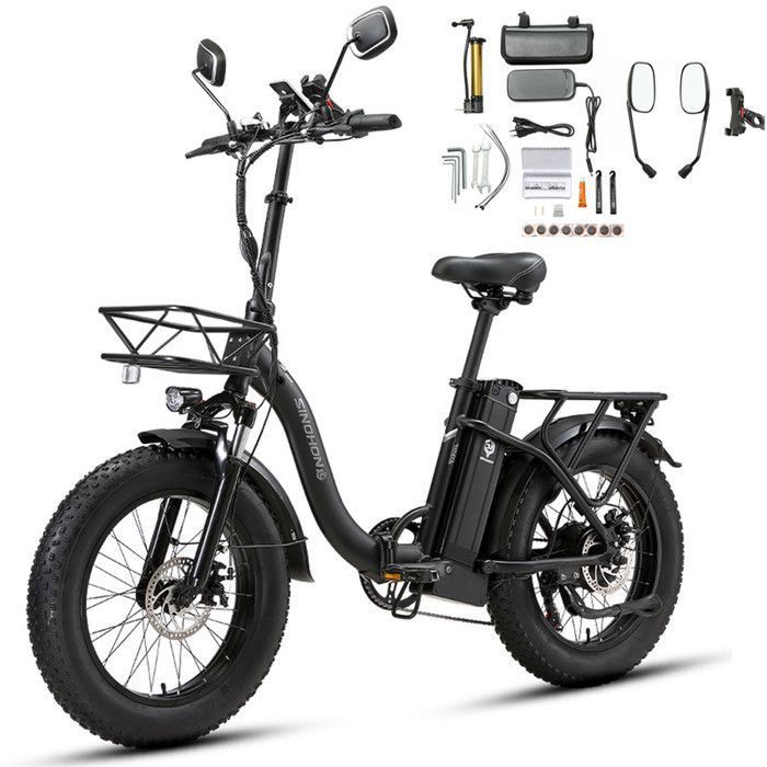 SINOHON – Vélo Électrique Pliable – Roues 20″ – Moteur 750W 45km/h – Batterie 48V 15Ah – Autonomie 80-100km (Mode ASSIST) – Noir